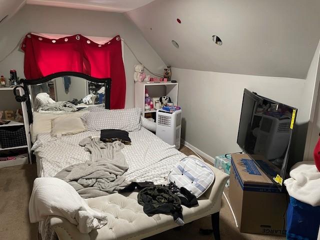 bedroom with carpet flooring and lofted ceiling