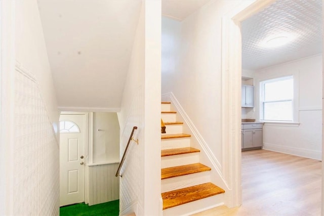 stairway with hardwood / wood-style floors