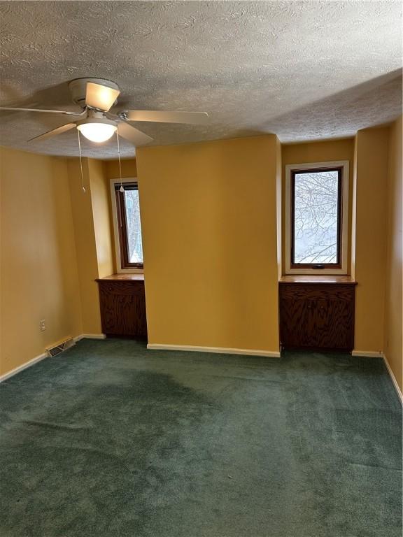 carpeted empty room featuring a textured ceiling, ceiling fan, and a healthy amount of sunlight