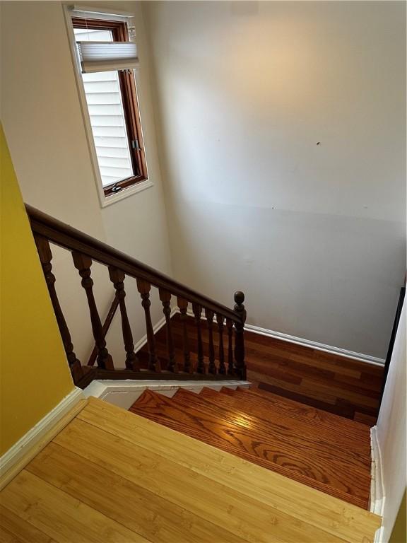 stairway with hardwood / wood-style floors