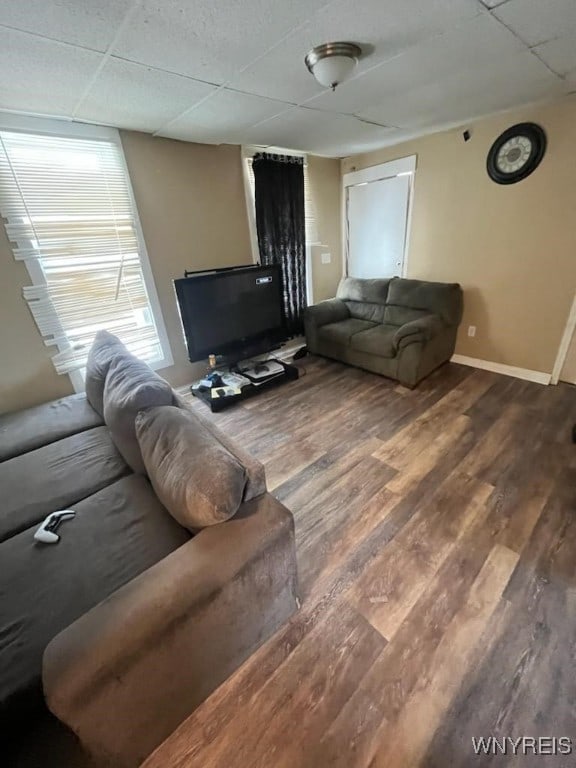 living room featuring hardwood / wood-style flooring and a paneled ceiling