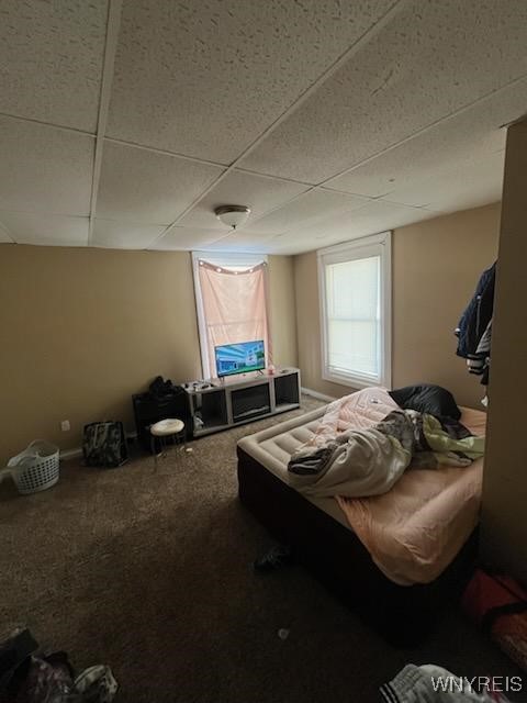 bedroom with carpet and a drop ceiling