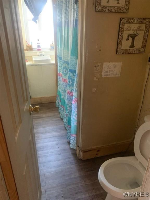 bathroom with sink, hardwood / wood-style floors, and toilet