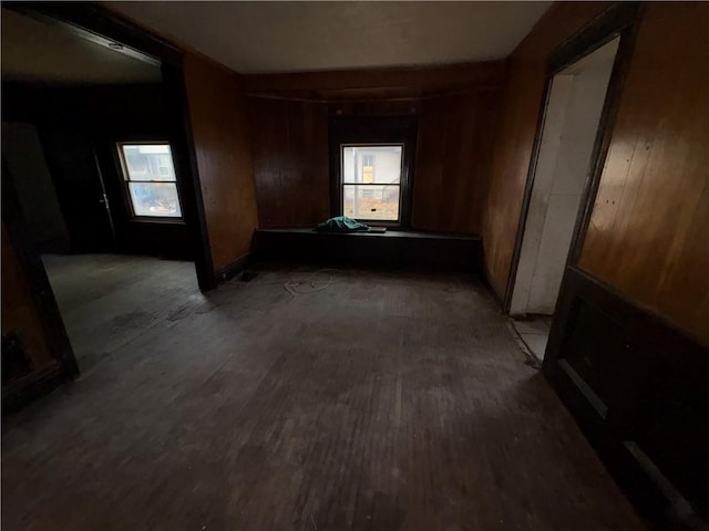 interior space with a wealth of natural light, dark hardwood / wood-style flooring, and wooden walls