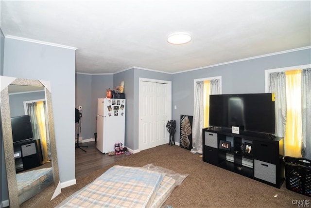 living room with dark colored carpet and ornamental molding