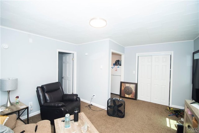 living room with crown molding and carpet