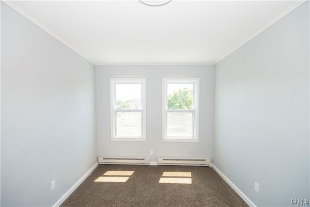 carpeted empty room featuring baseboard heating and ornamental molding