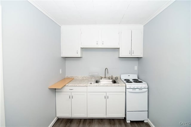 kitchen featuring dark hardwood / wood-style flooring, crown molding, sink, white stove, and white cabinetry