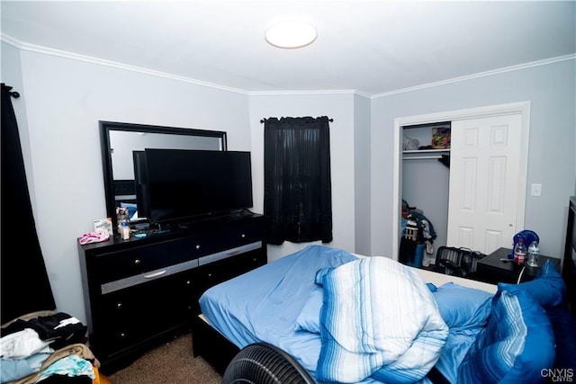 bedroom with carpet floors, a closet, and crown molding