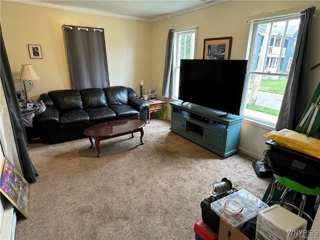 living room with plenty of natural light, light colored carpet, and ornamental molding