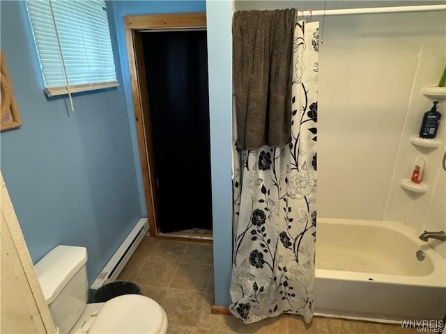 bathroom featuring toilet, tile patterned floors, shower / tub combo with curtain, and a baseboard heating unit