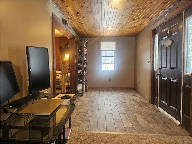 entrance foyer featuring wooden ceiling and wood-type flooring