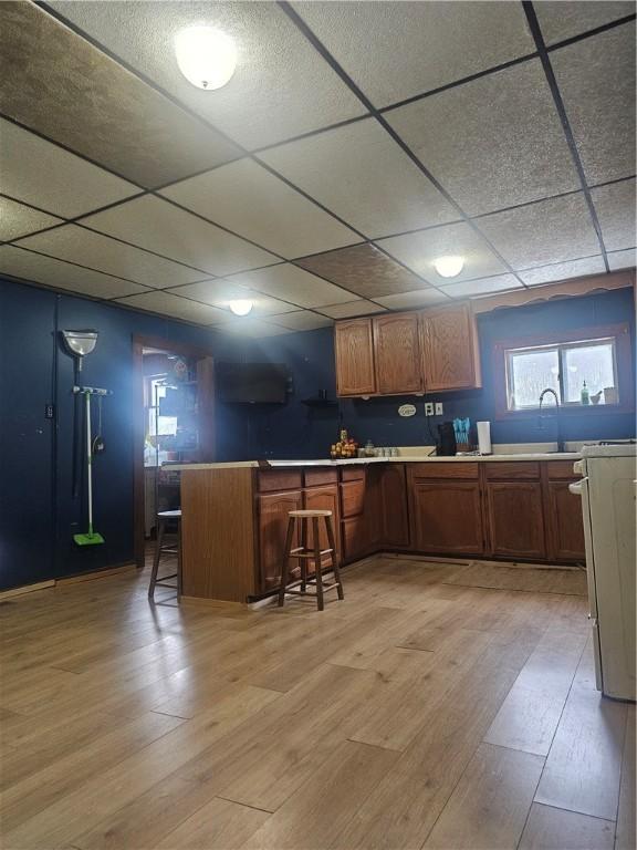 kitchen with a drop ceiling, light wood-type flooring, kitchen peninsula, and sink