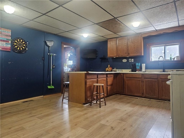 kitchen featuring kitchen peninsula, light hardwood / wood-style flooring, a drop ceiling, and sink