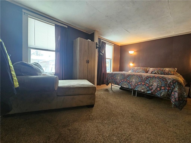 carpeted bedroom with crown molding