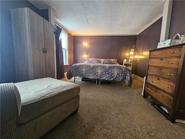 carpeted bedroom with crown molding