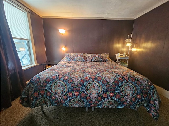 bedroom featuring carpet flooring and ornamental molding