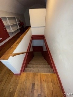 staircase featuring wood-type flooring