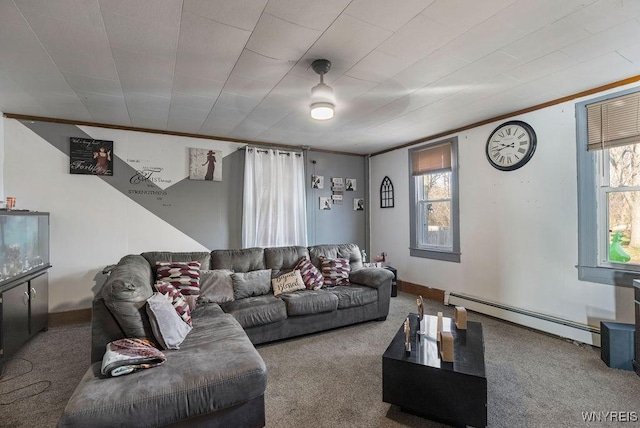 carpeted living room with ornamental molding and a baseboard radiator