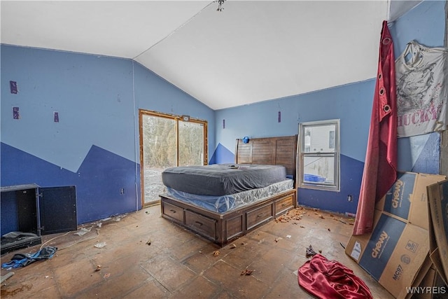 bedroom featuring lofted ceiling