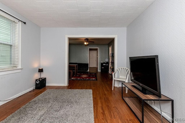 living room featuring ceiling fan and hardwood / wood-style floors