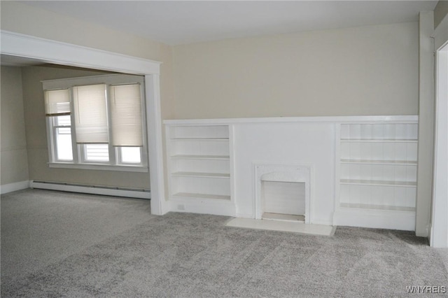 unfurnished living room with light carpet and a baseboard radiator