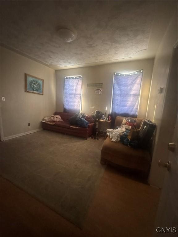 interior space featuring carpet floors, baseboards, and a textured ceiling