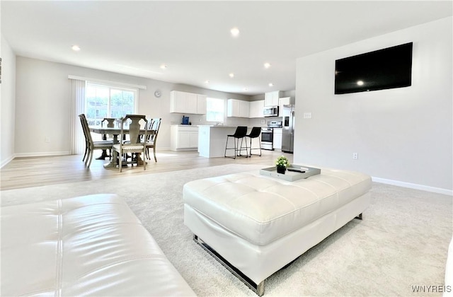 living room with light hardwood / wood-style flooring and sink