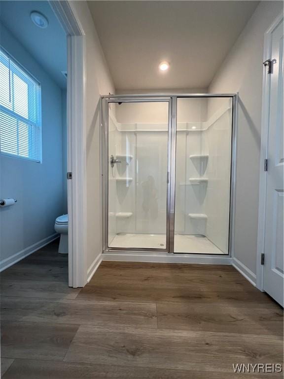 bathroom featuring an enclosed shower, toilet, and wood-type flooring