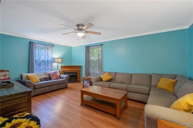 living room featuring crown molding, light hardwood / wood-style flooring, and ceiling fan