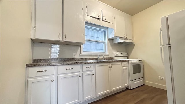 kitchen featuring white cabinets, white appliances, dark hardwood / wood-style floors, and sink