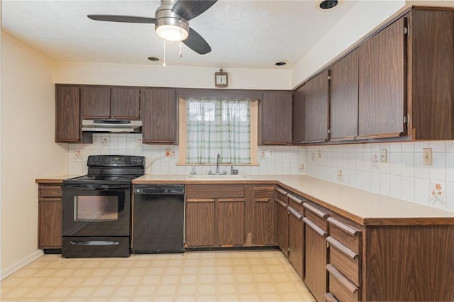 kitchen featuring dark brown cabinetry, sink, ceiling fan, and black appliances