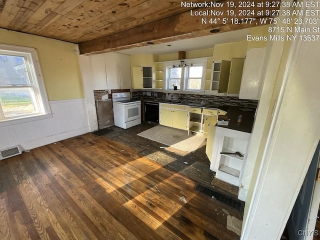 kitchen featuring white cabinets, electric stove, black dishwasher, dark hardwood / wood-style flooring, and wood ceiling