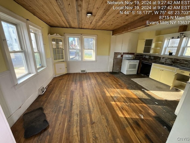 kitchen featuring wood ceiling, electric range, dishwasher, dark hardwood / wood-style floors, and white cabinetry