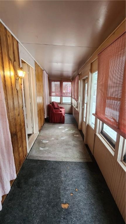 interior space with carpet floors and wood walls