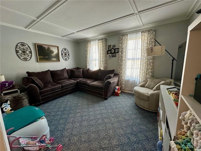 living room featuring carpet floors and coffered ceiling