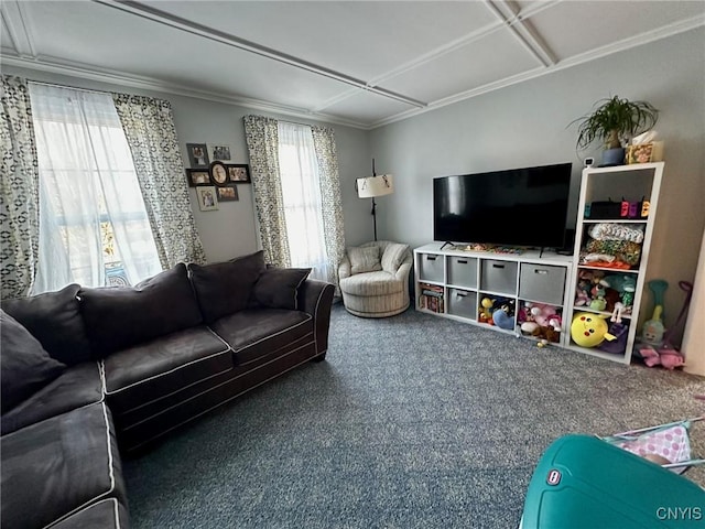 carpeted living room featuring coffered ceiling