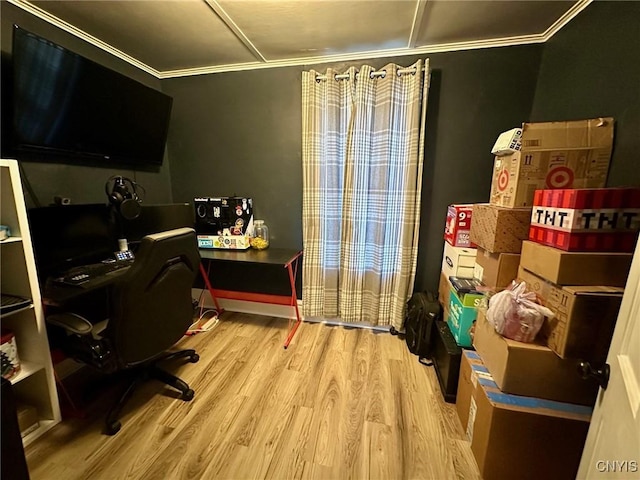 office with ornamental molding and light wood-type flooring