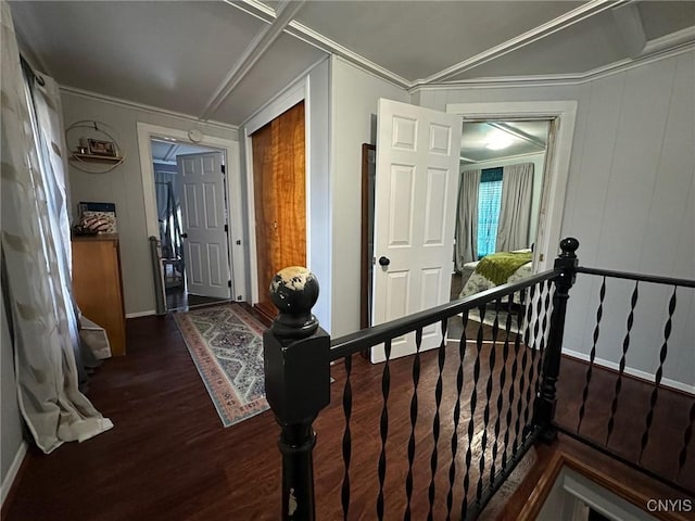 hallway featuring dark hardwood / wood-style floors and crown molding