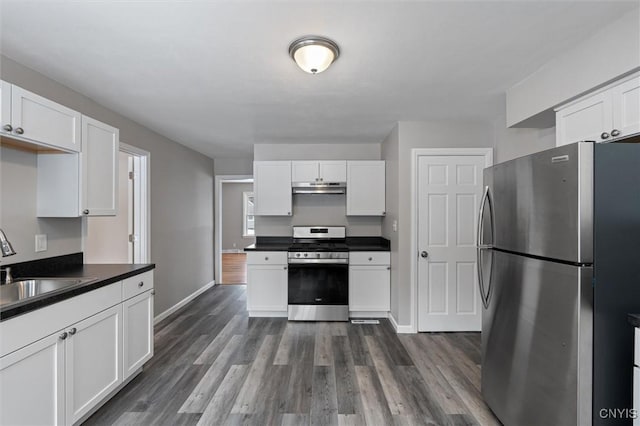 kitchen with white cabinets, dark hardwood / wood-style flooring, stainless steel appliances, and sink