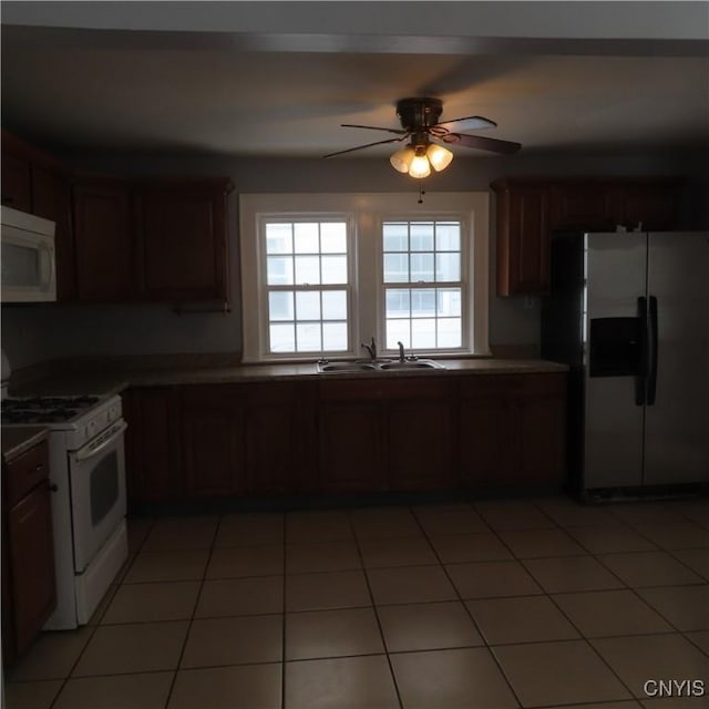 kitchen with ceiling fan, sink, white appliances, and tile patterned flooring