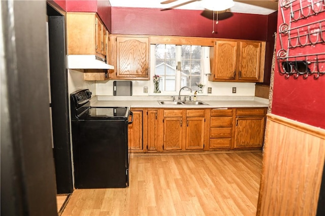 kitchen with light wood-type flooring, ceiling fan, wooden walls, sink, and black range with electric stovetop