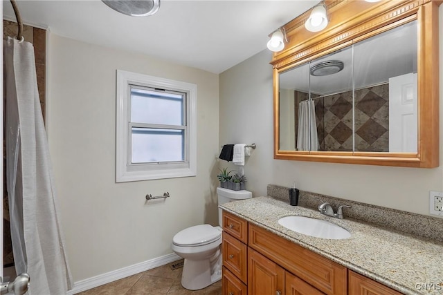 bathroom with walk in shower, tile patterned flooring, vanity, and toilet