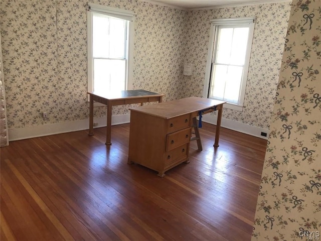 unfurnished office featuring dark hardwood / wood-style flooring, crown molding, and a healthy amount of sunlight