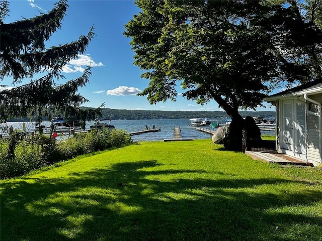 view of yard with a water view and a dock