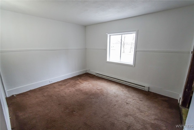 empty room with dark carpet and baseboard heating