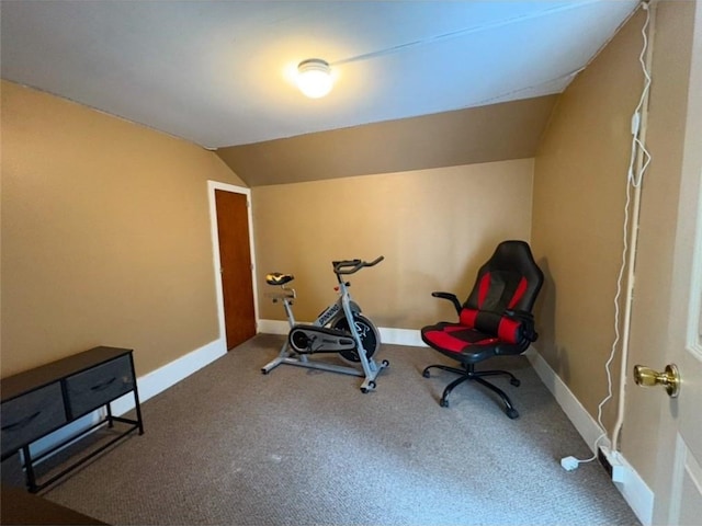 workout area with carpet flooring and vaulted ceiling