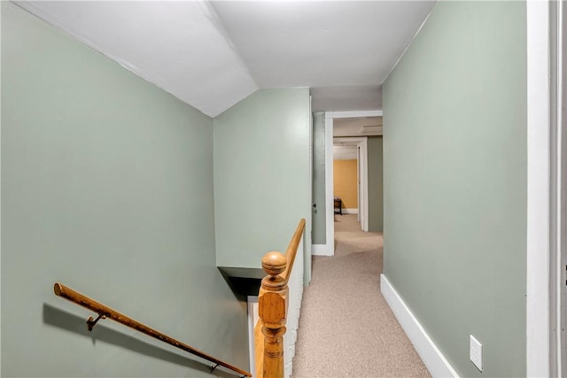 stairs featuring lofted ceiling and carpet