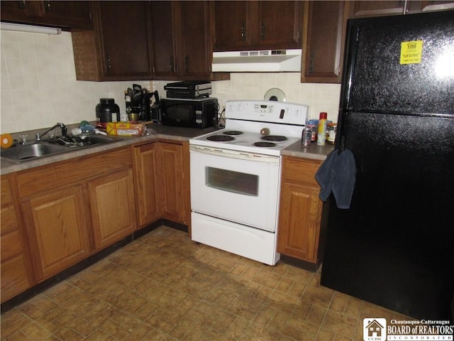 130 E Mosher St, Ellicott, NY 14733 - kitchen featuring black appliances, under cabinet range hood, a sink, decorative backsplash, and light countertops
