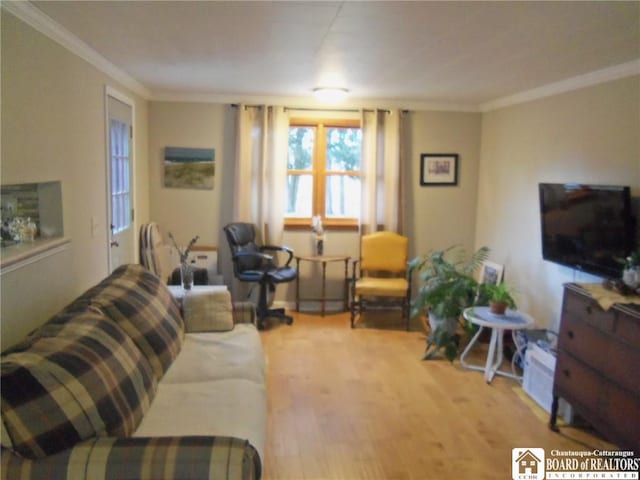 living room featuring light hardwood / wood-style floors and ornamental molding